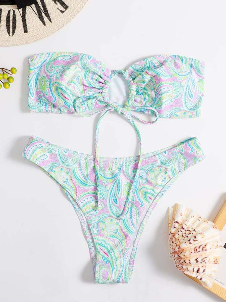  Multicolor Paisley Tie Front Women Swimwear 9793