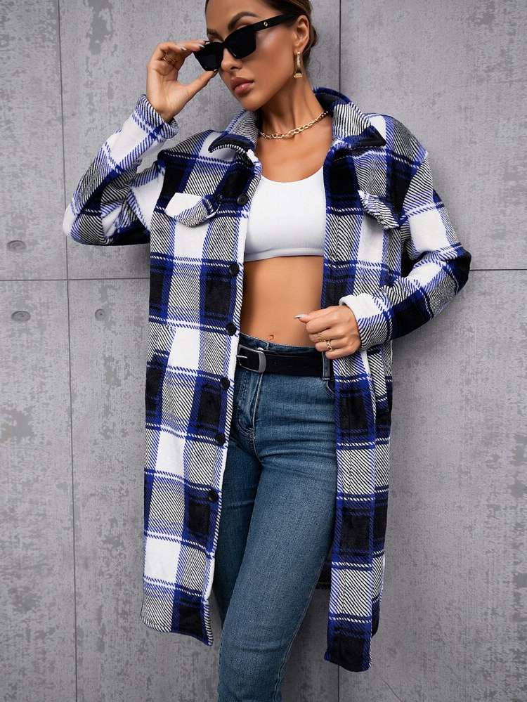 Plaid Regular Fit Collar Long Women Outerwear 9371