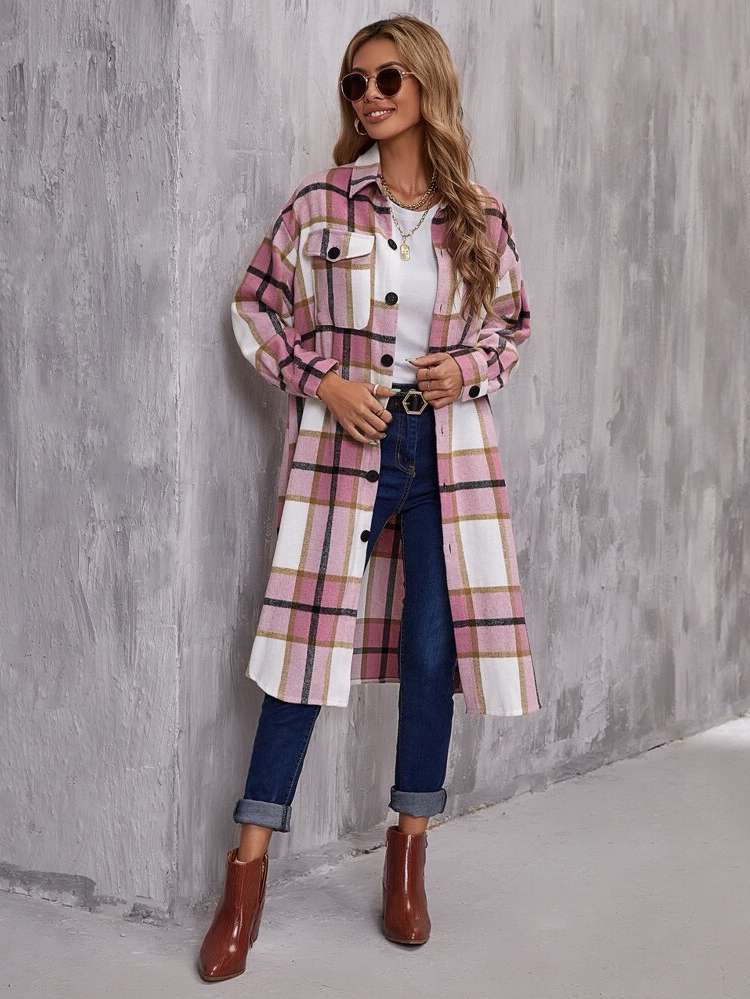 Regular Fit Midi Plaid Pocket Women Outerwear 424