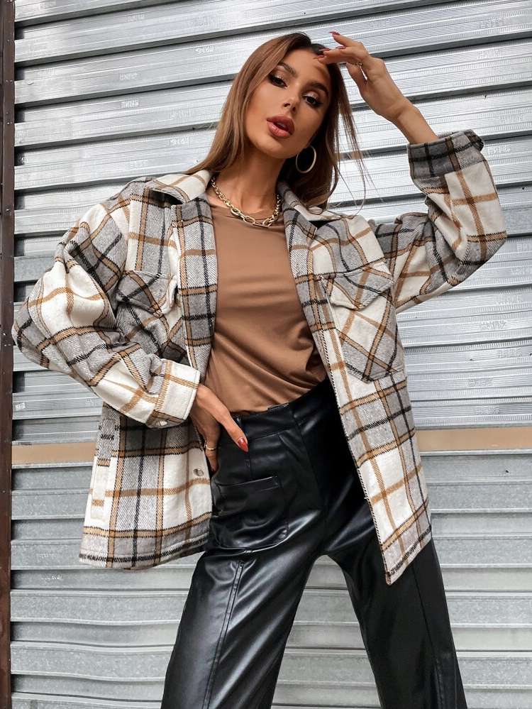 Oversized Plaid Short Multicolor Women Overcoats 5195