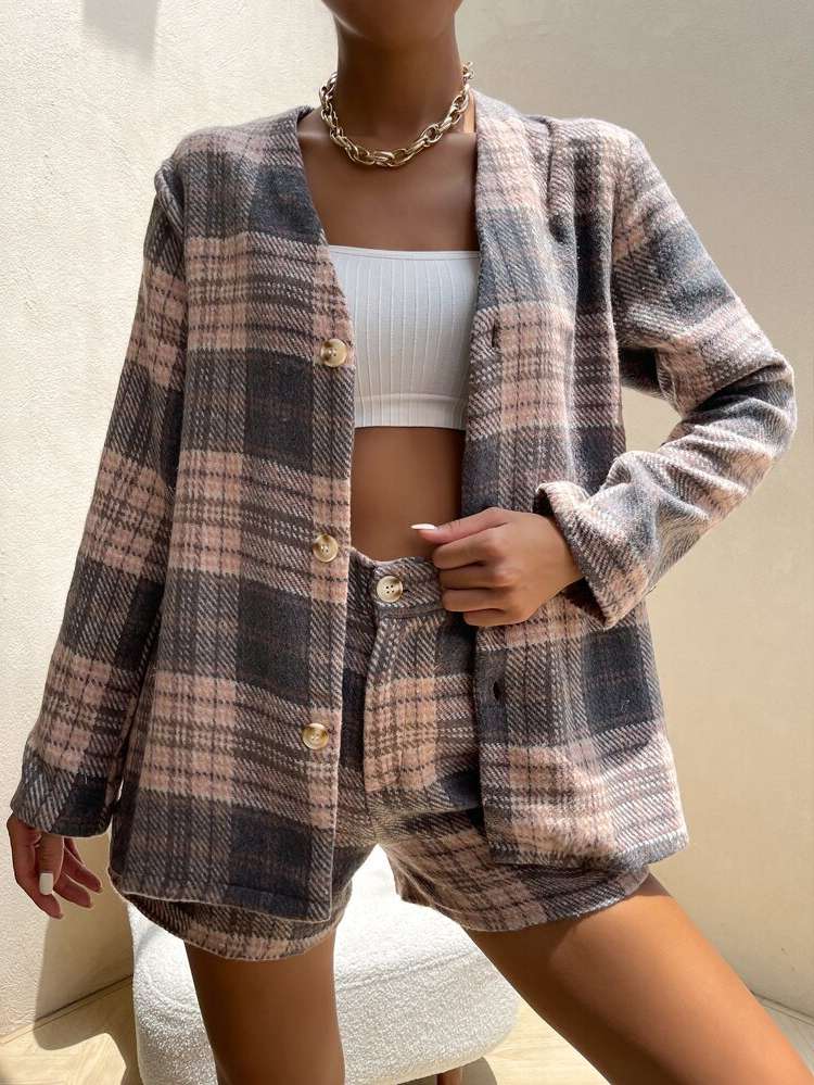 Long Sleeve Plaid Casual Women Two-piece Outfits 921