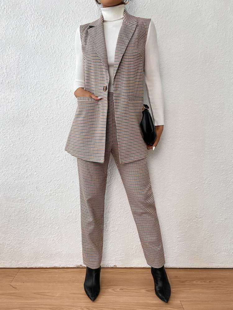 Plaid  Lapel Women Suits 379