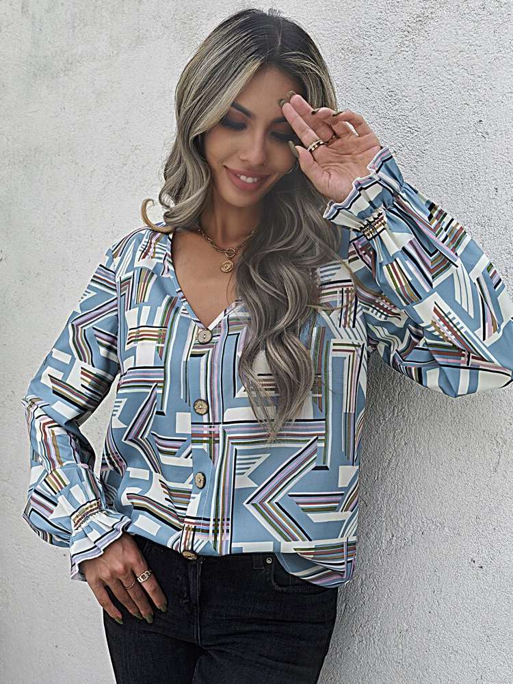 Regular V neck Geometric Regular Fit Women Tops, Blouses  Tee 1883