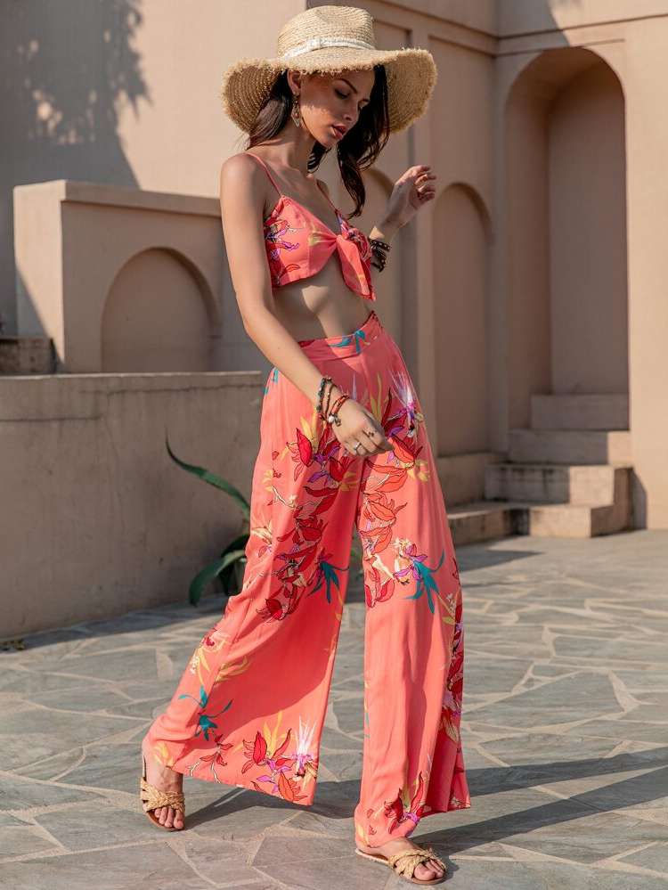 All Over Print Boho Tie Front Women Two-piece Outfits 3290