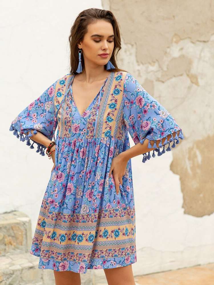  Floral Fringe Half Sleeve Women Dresses 4345