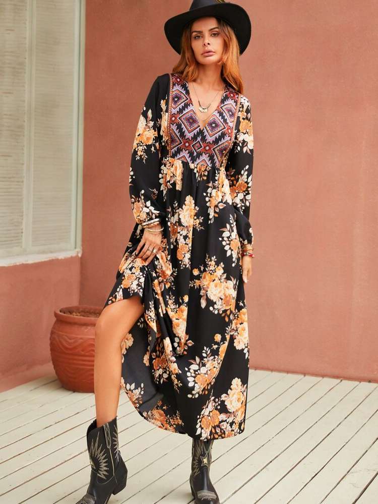 Multicolor Long V neck Boho Women Clothing 5441