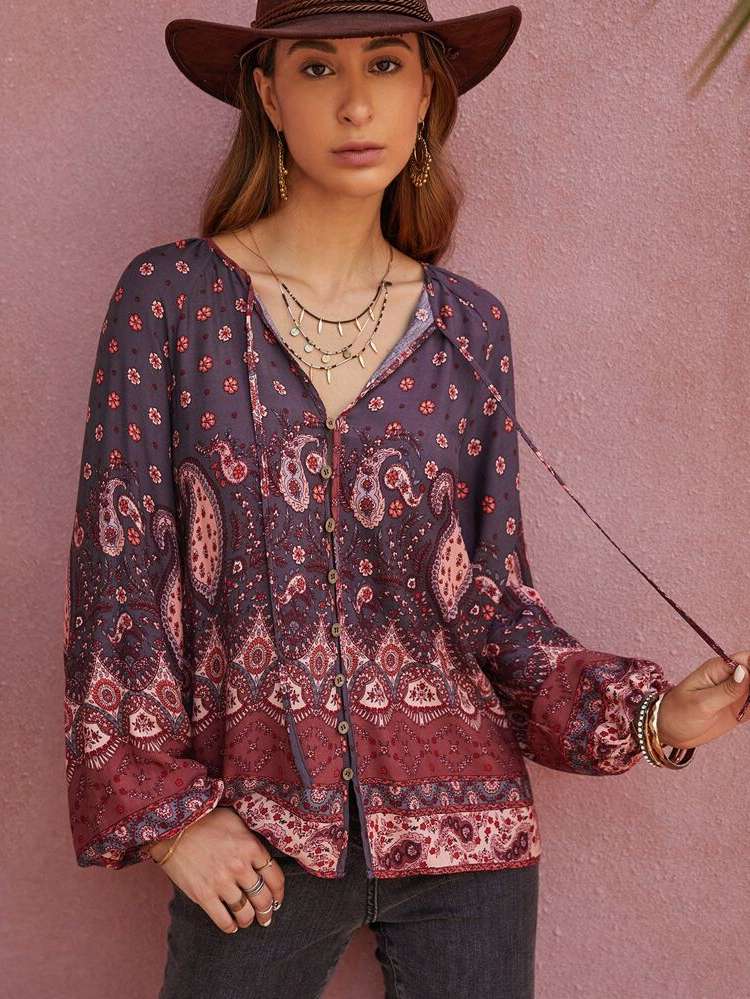 Long Sleeve Boho Button Front Regular Fit Women Clothing 234