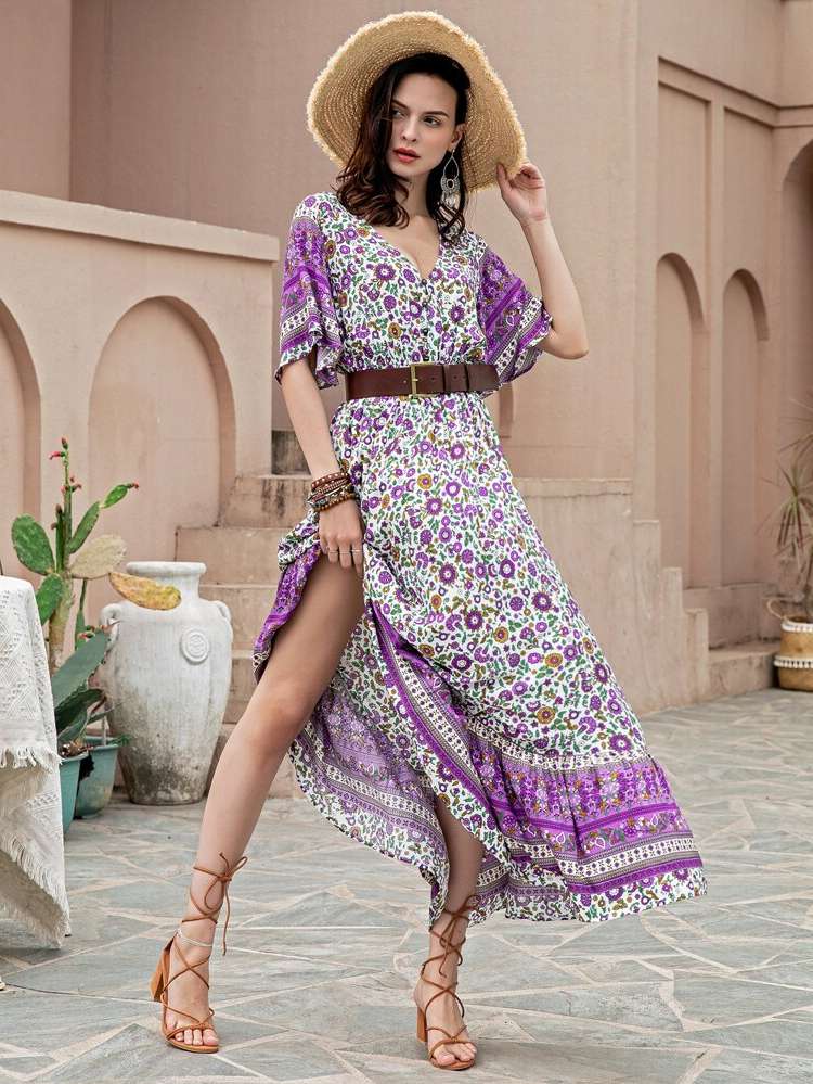 Floral Regular Fit Ruffle Hem Maxi Women Dresses 8446