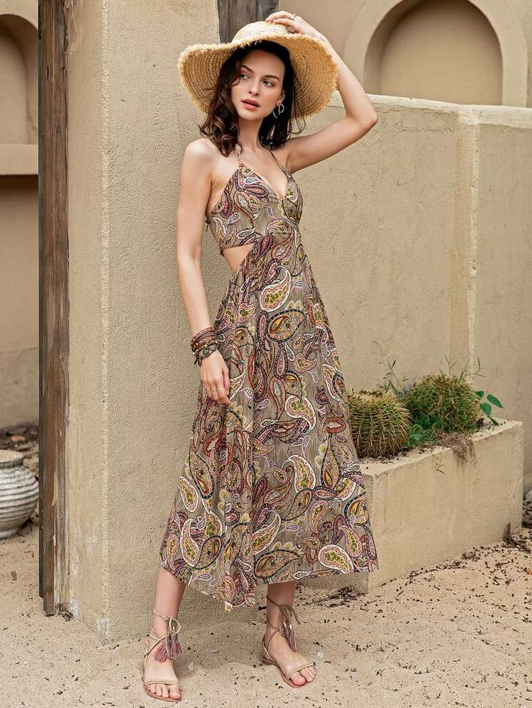 Multicolor Paisley Backless Regular Fit Women Clothing 7048