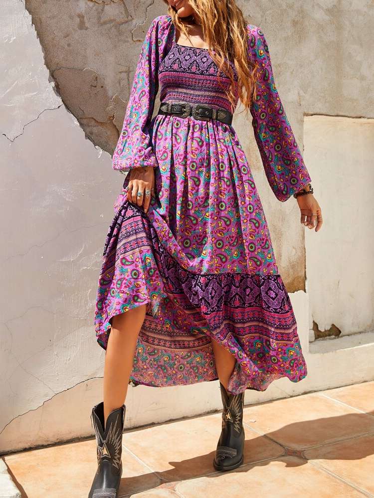  Multicolor Paisley Ruffle Hem Women Dresses 9625