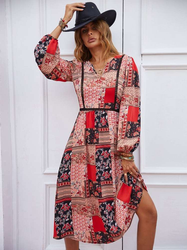 Boho Multicolor Long Sleeve Patchwork Women Dresses 4181