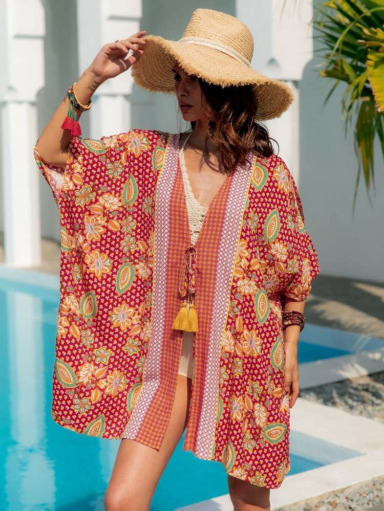 Three Quarter Length Sleeve Long Multicolor Women Cover Ups  Kimonos 5423