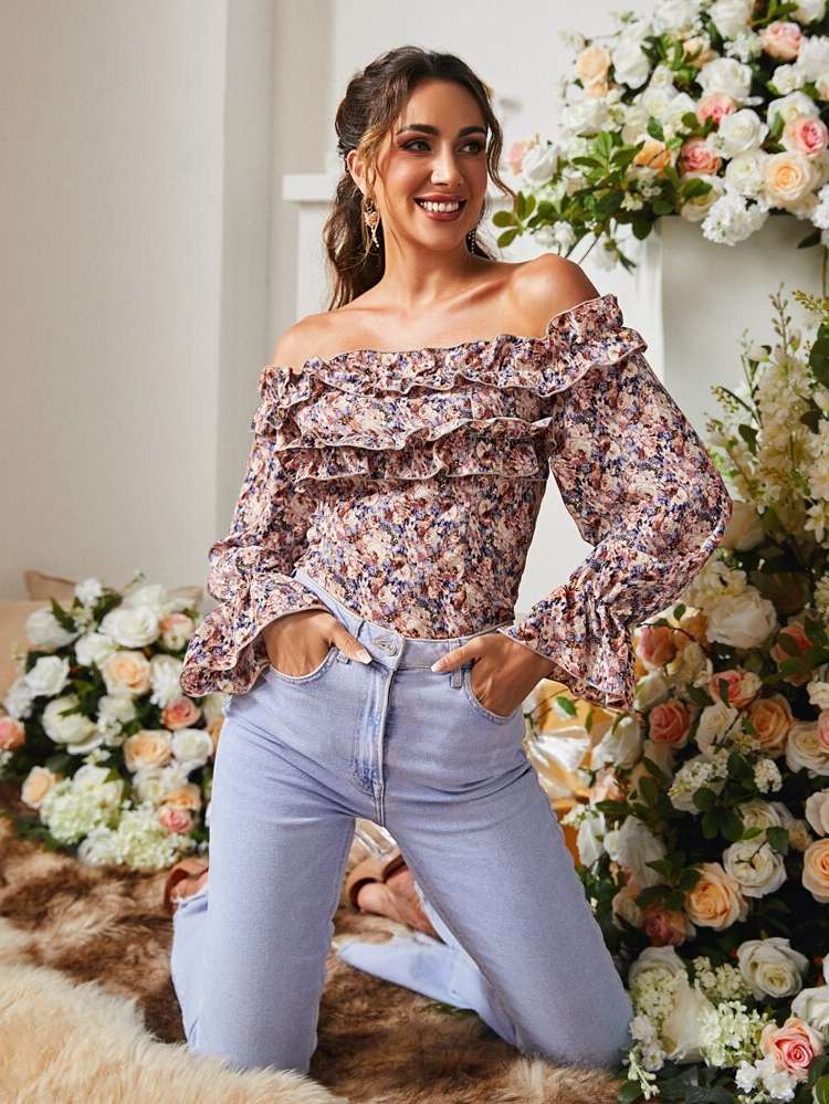 Floral Regular Off the Shoulder Regular Fit Women Clothing 5379