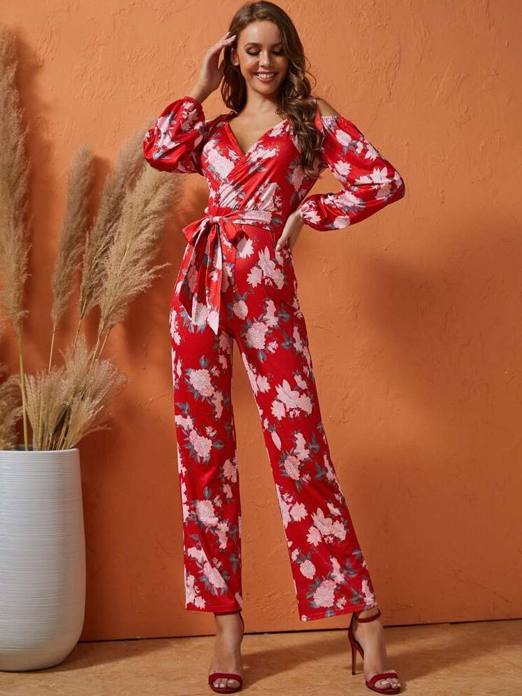 Multicolor Regular Fit Long Sleeve Floral Women Jumpsuits  Bodysuits 7591