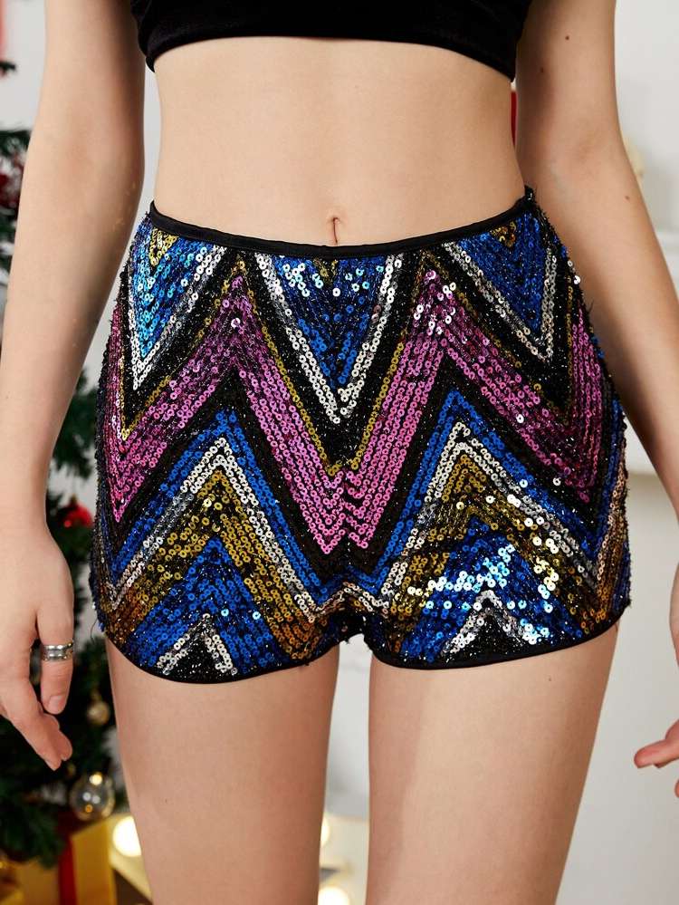  Multicolor Contrast Sequin Women Shorts 4202