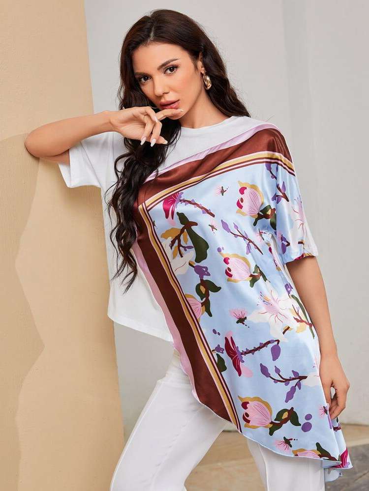 Asymmetrical Regular Fit Floral Multicolor Women Clothing 4788