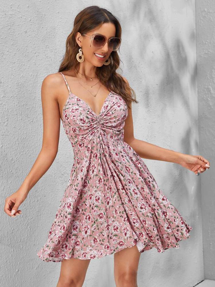 Multicolor Ruched Spaghetti Strap Women Dresses 3870