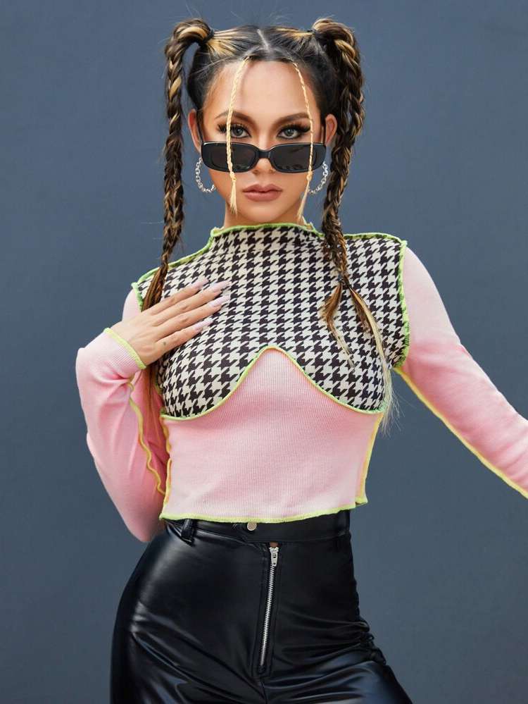 Stand Collar Crop Houndstooth Multicolor Women Tops, Blouses  Tee 4853