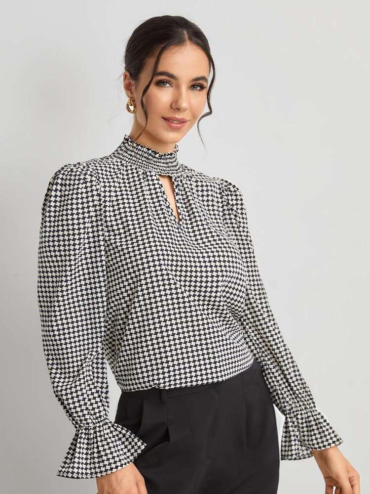 Shirred Houndstooth Long Sleeve Women Blouses 259