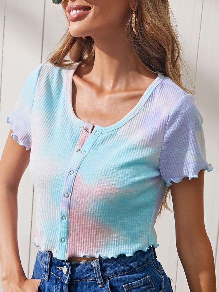 Casual Multicolor Tie Dye Crop Women Tops, Blouses  Tee 3184