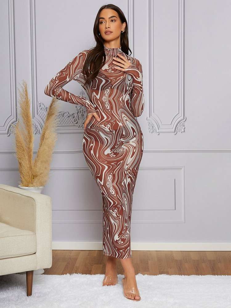 Marble Maxi Sexy Long Sleeve Women Dresses 9345