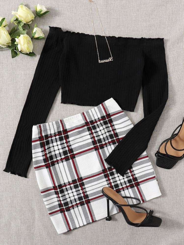 Slim Fit Multicolor Tartan Women Two-piece Outfits 379