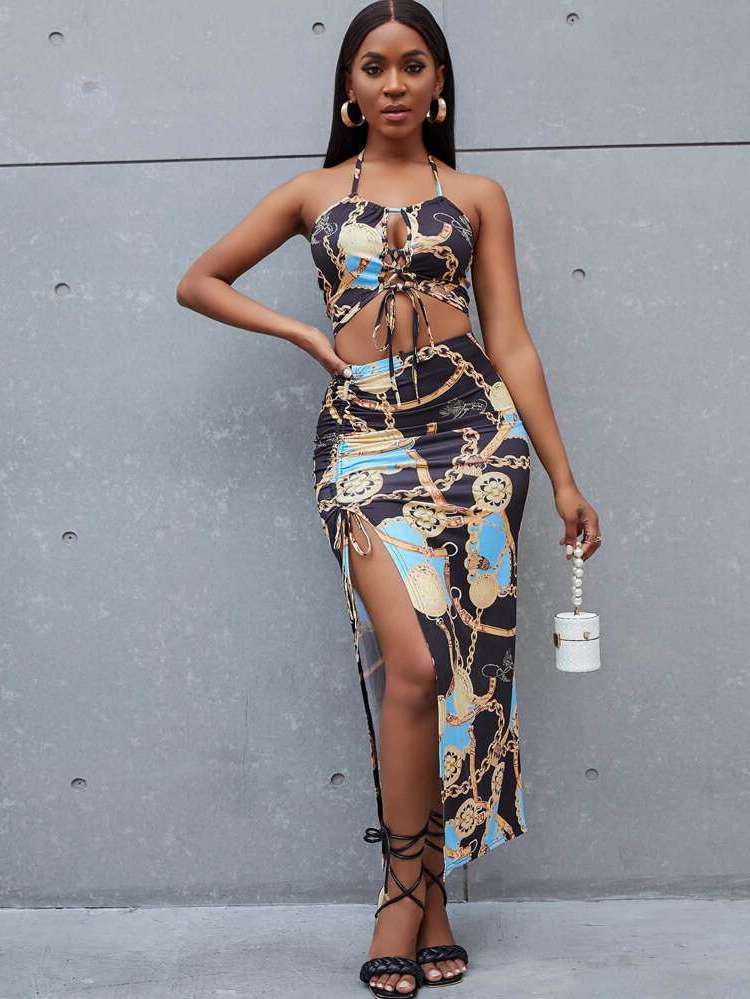 Sleeveless Chain Print Halter Multicolor Women Two-piece Outfits 1430