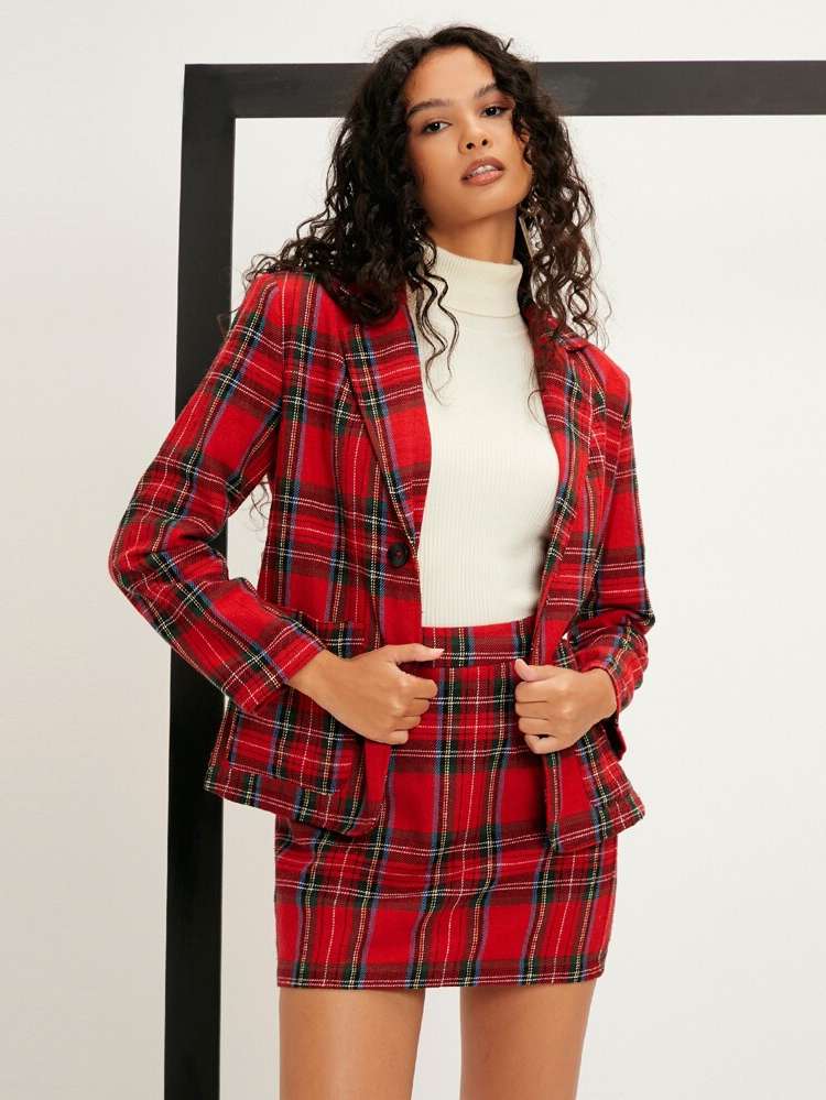 Tartan Regular Fit Lapel Women Clothing 3345