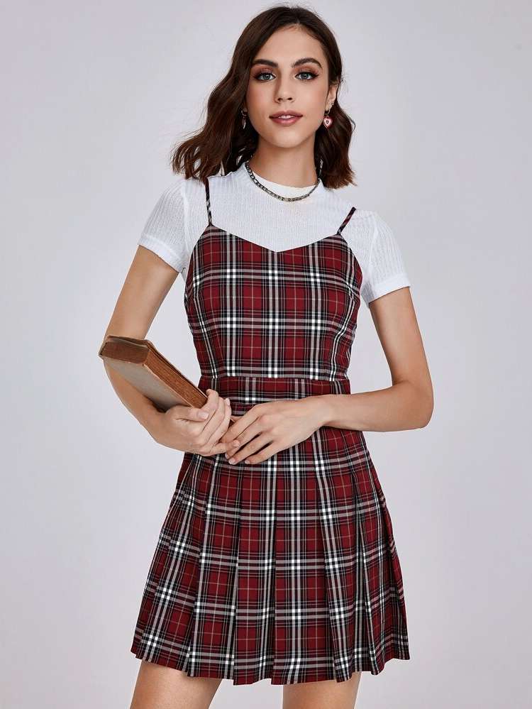 Spaghetti Strap Multicolor Tartan Women Dresses 8977