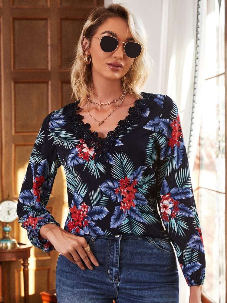  Long Sleeve Multicolor Tropical Women Blouses 7393