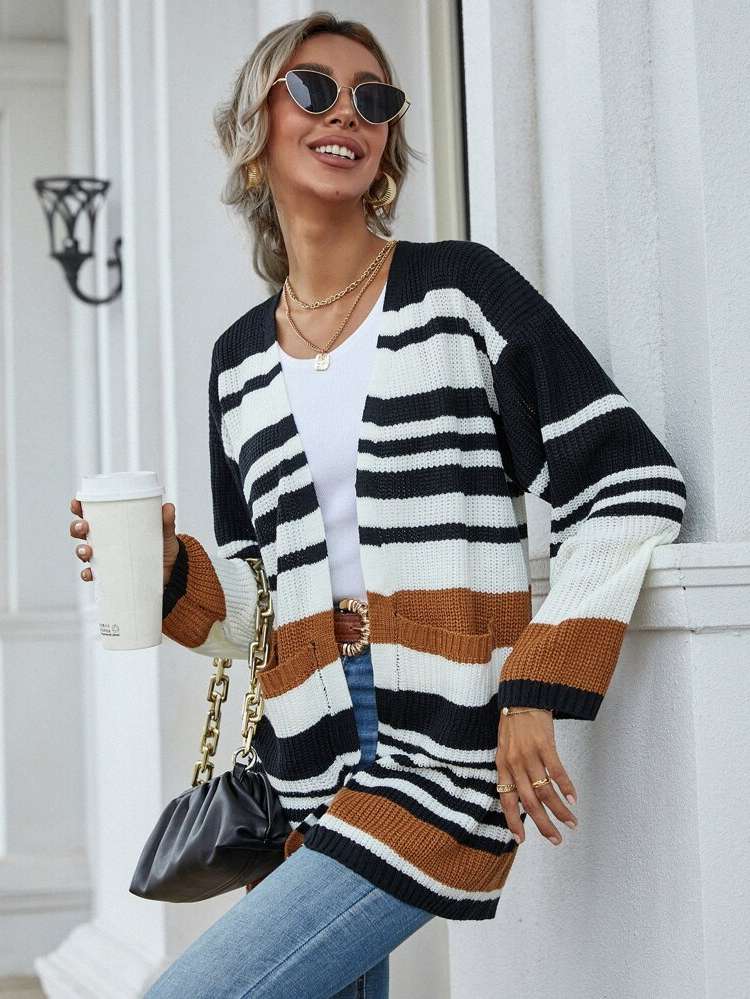  Striped Pocket Long Sleeve Women Knitwear 176