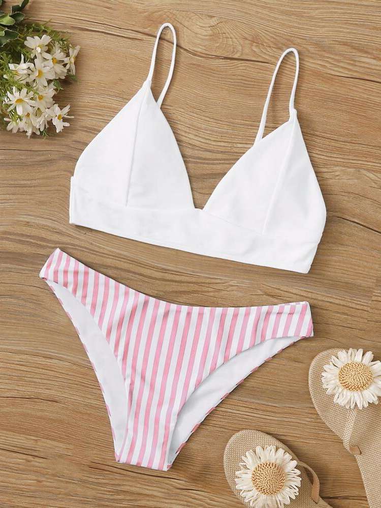 Casual Spaghetti Strap Multicolor Striped Women Beachwear 1835