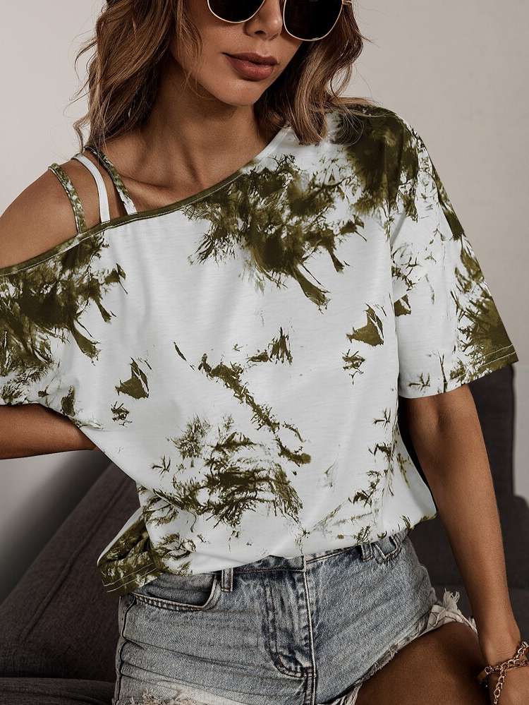 Asymmetrical Neck Multicolor Tie Dye Women Tops, Blouses  Tee 6996