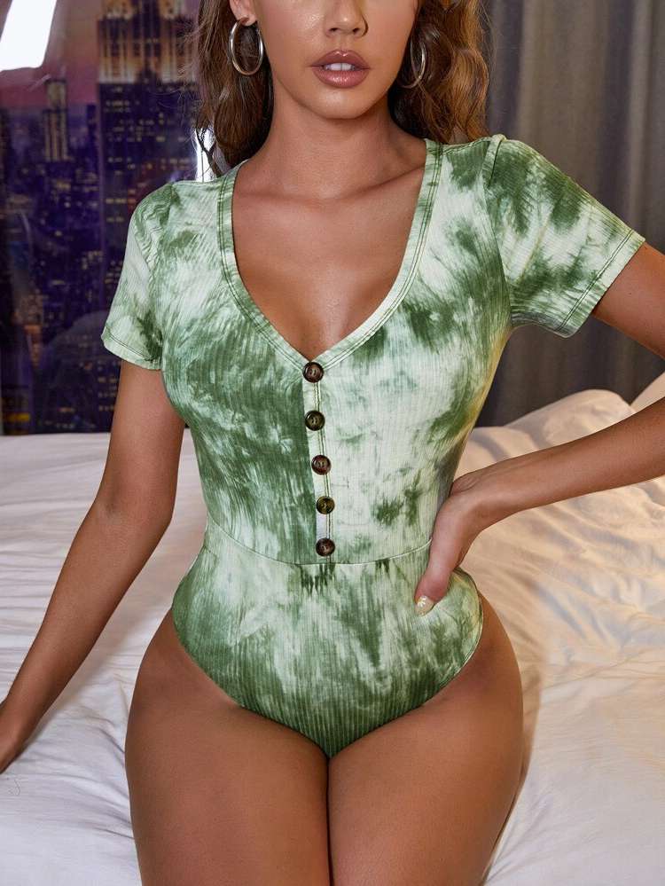 Tie Dye Deep V Neck Short Sleeve Skinny Women Bodysuits 133