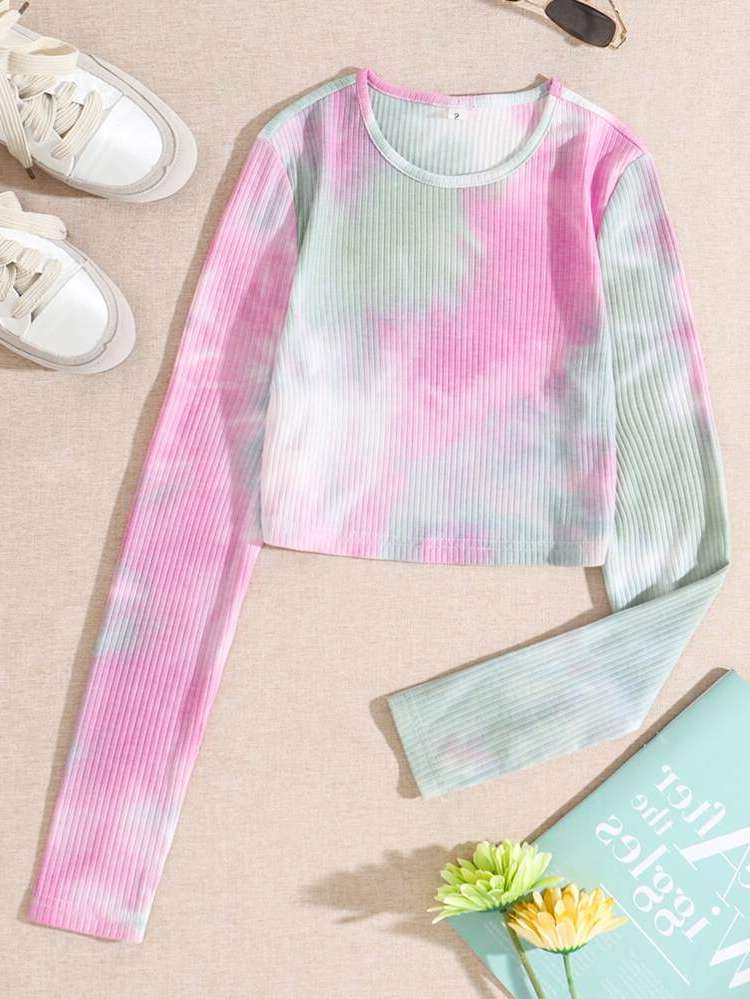 Crop Multicolor Casual Tie Dye Women Tops, Blouses  Tee 6375