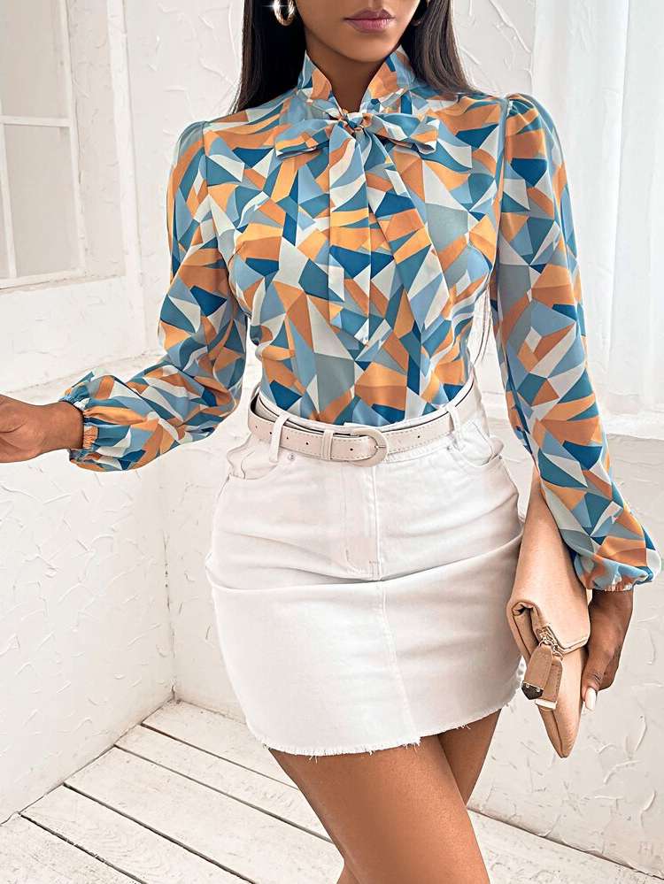  Long Sleeve Geometric Multicolor Women Tops, Blouses  Tee 6953