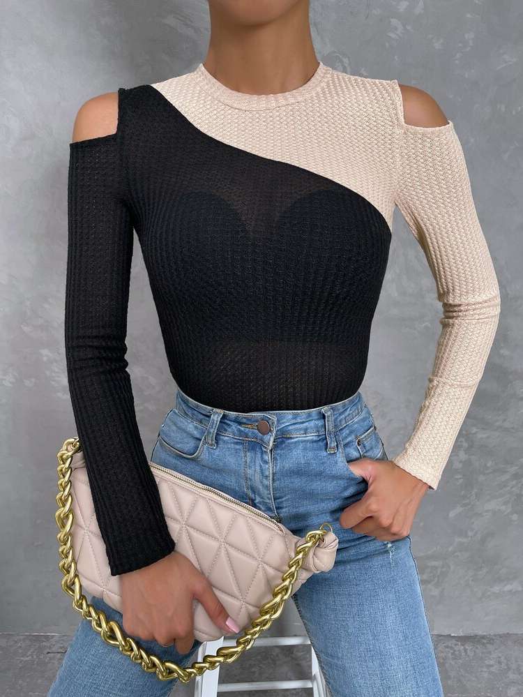 Rib-Knit Cold Shoulder Long Sleeve Women Tops, Blouses  Tee 3322