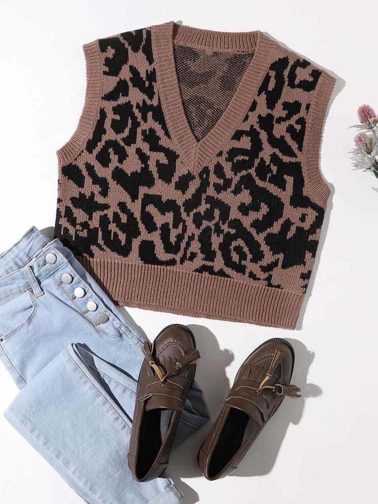  V neck Multicolor Leopard Women Knitwear 6522