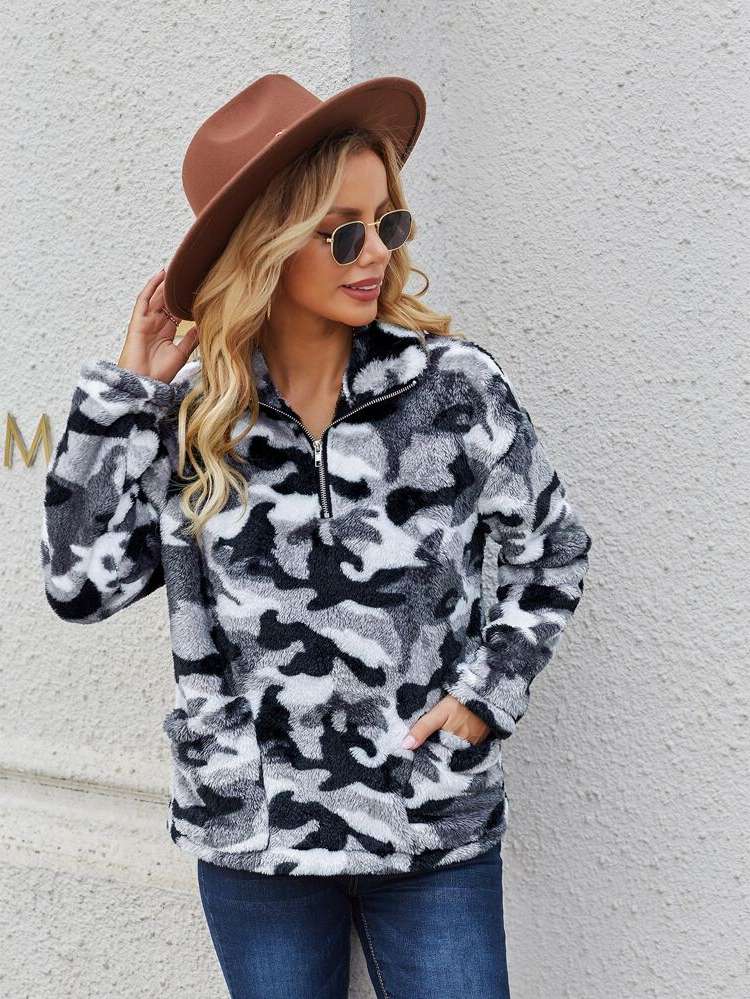 Multicolor Casual Camo Pocket Women Sweatshirts 360