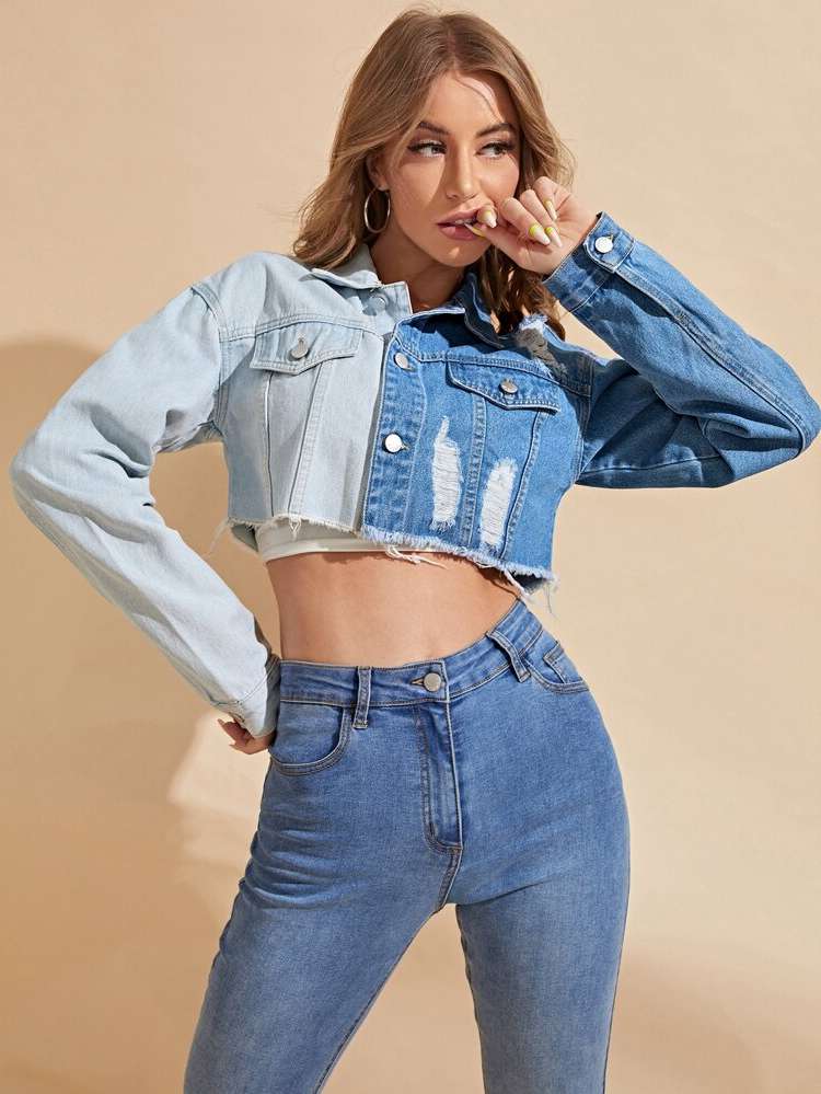 Crop Ripped Colorblock Multicolor Women Denim Jackets  Coats 7