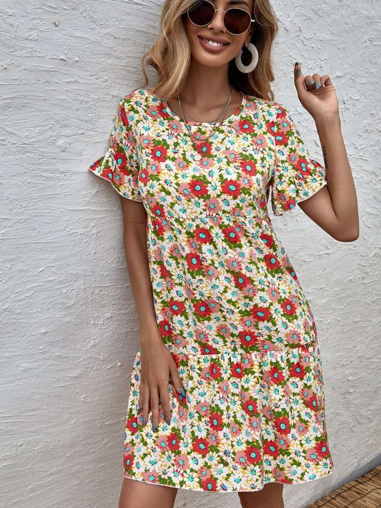 Ruffle Boho Round Neck Short Women Dresses 1689