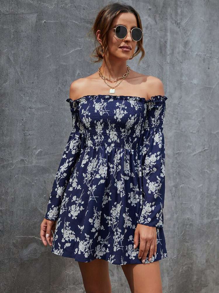 Short Regular Fit Floral Off the Shoulder Women Dresses 2277