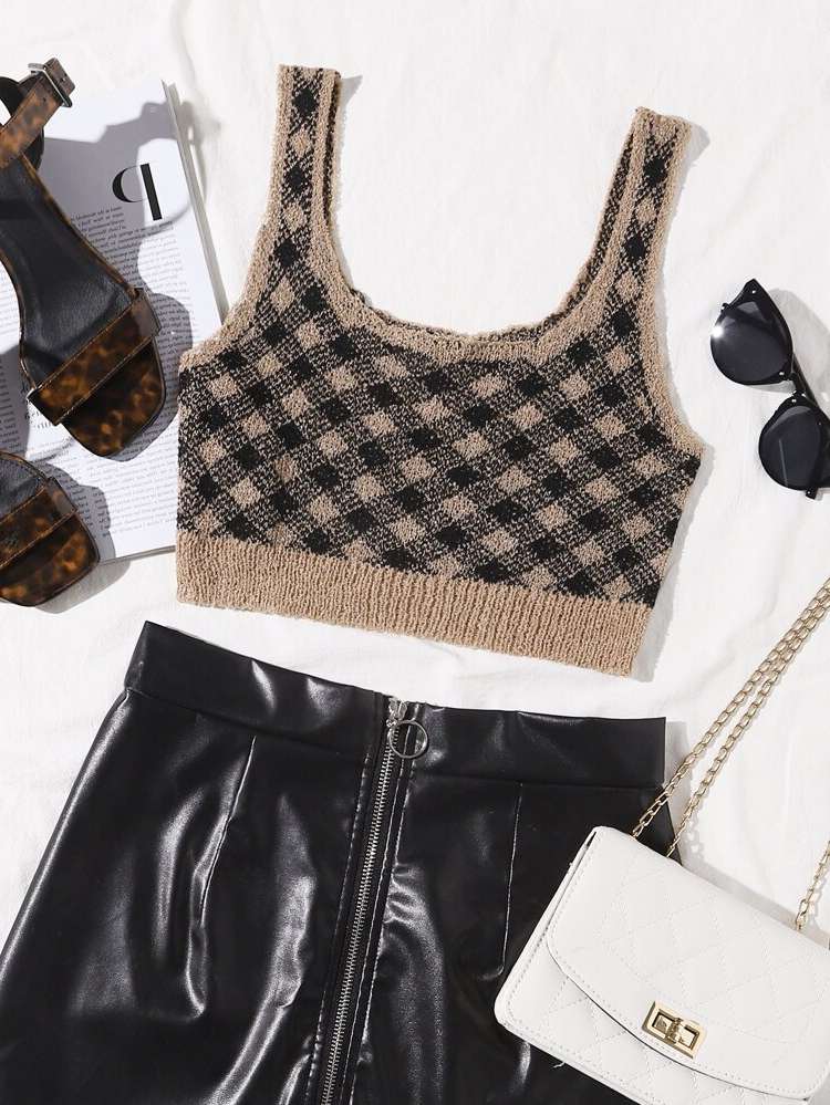 Sleeveless Gingham Crop Women Knitwear 766