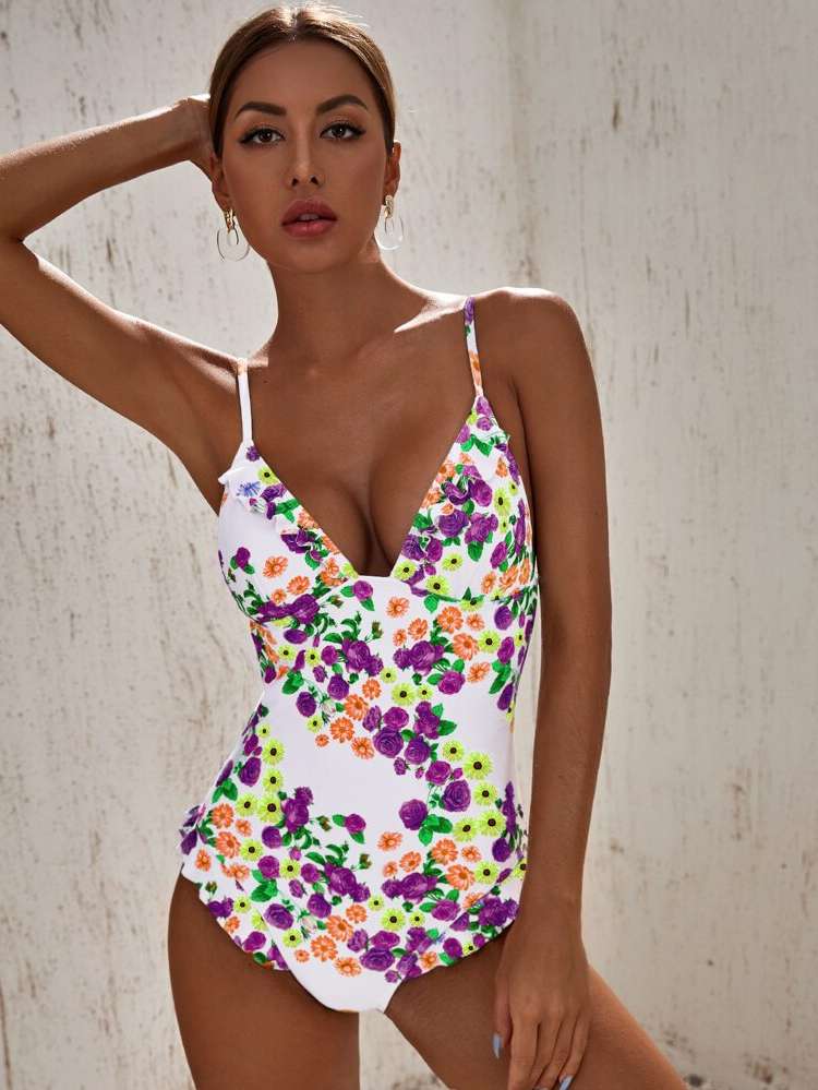 Frill Ditsy Floral Multicolor Women Beachwear 3502