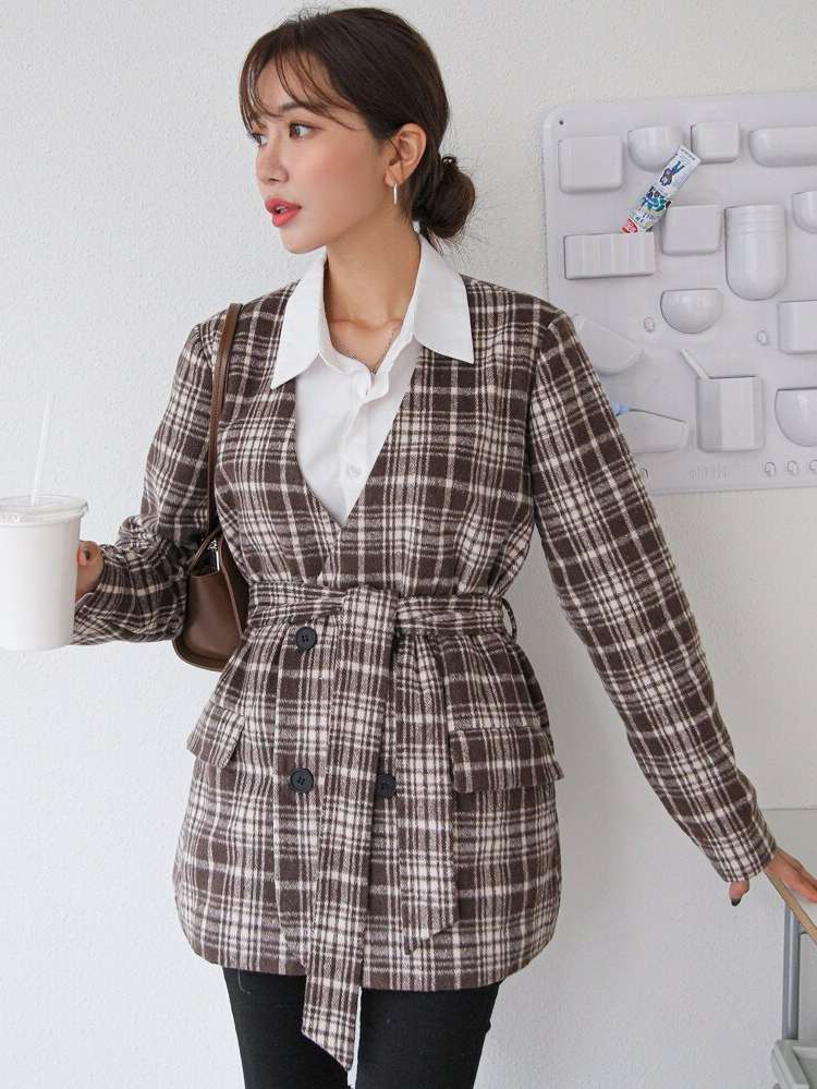  Plaid Short Regular Fit Women Overcoats 896