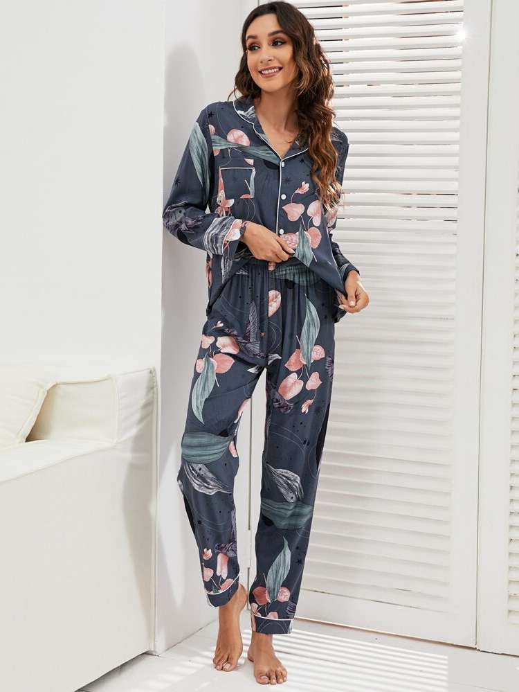 Long Sleeve Multicolor Lapel Elegant Underwear  Sleepwear 9615