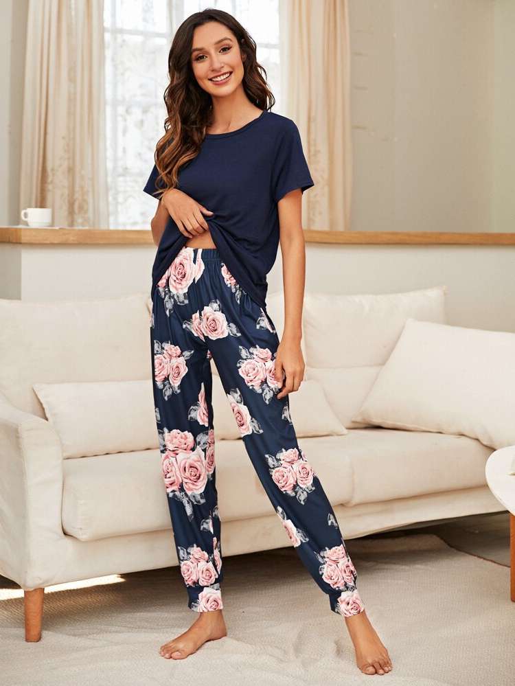 Floral Multicolor Round Neck Underwear  Sleepwear 2976