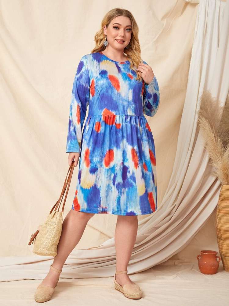 Multicolor Long Sleeve Round Neck Midi Plus Size Dresses 4540