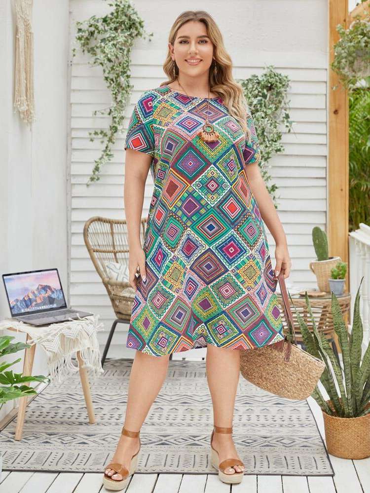 Geometric Multicolor Knee Length Plus Size Dresses 860