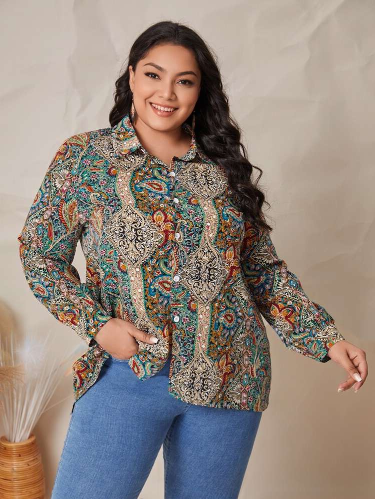  Paisley Boho Multicolor Plus Size Blouses 1539